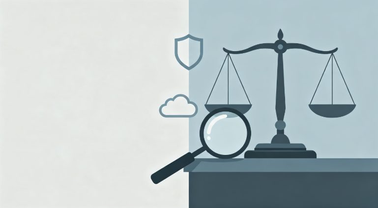 良心云跑路核查：天平与放大镜的审视示意图